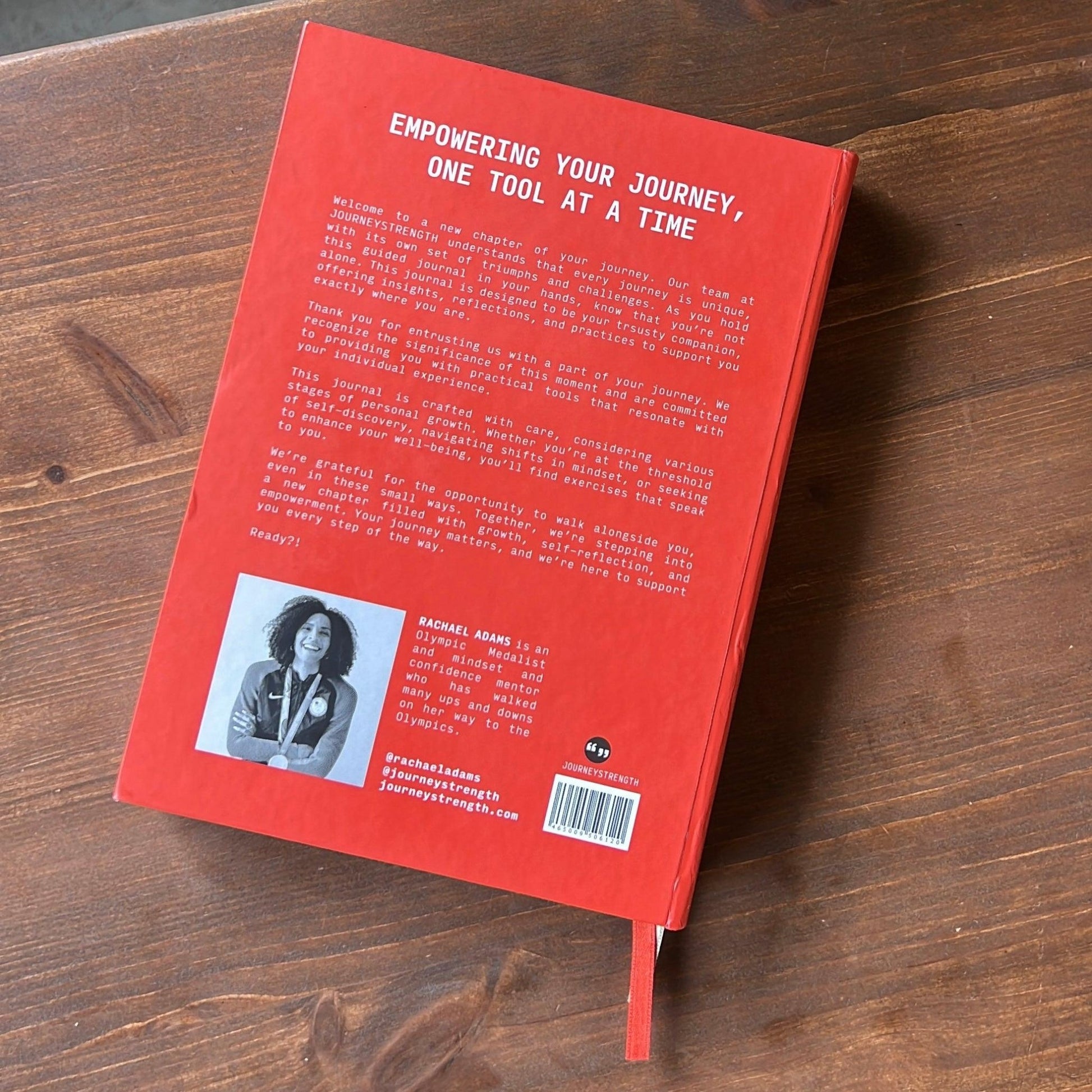#guidedjournal #toolsforthejourney #goalsettingjournal #rachaeladams #journeystrength product photo - back cover with product summary and picture of olympian Rachael Adams - product photo - tools for the journey guided journal
