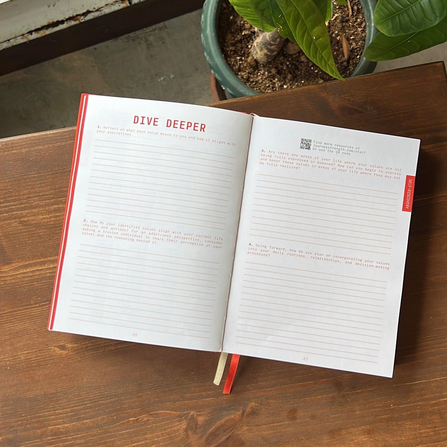 #guidedjournal #toolsforthejourney #goalsettingjournal #rachaeladams #journeystrength product photo - inside pages with dive deeper reflective prompts - tools for the journey guided journal